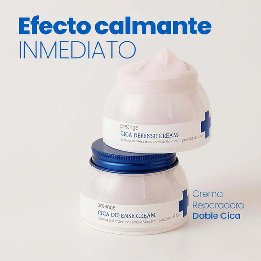 Dos envases de crema PREANGE Doble Cica con información gráfica del producto.