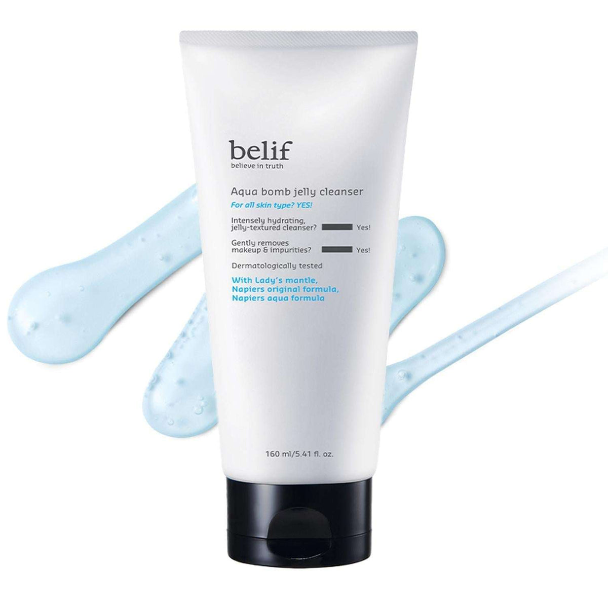 Envase del gel limpiador facial Belif Aqua Bomb Jelly de 160 ml.
