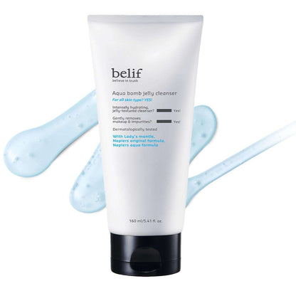 Envase del gel limpiador facial Belif Aqua Bomb Jelly de 160 ml.