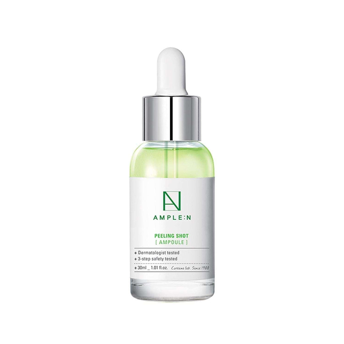 Sérum facial exfoliante AMPLEN Peeling Shot AHA BHA PHA 30 ml, envase del producto