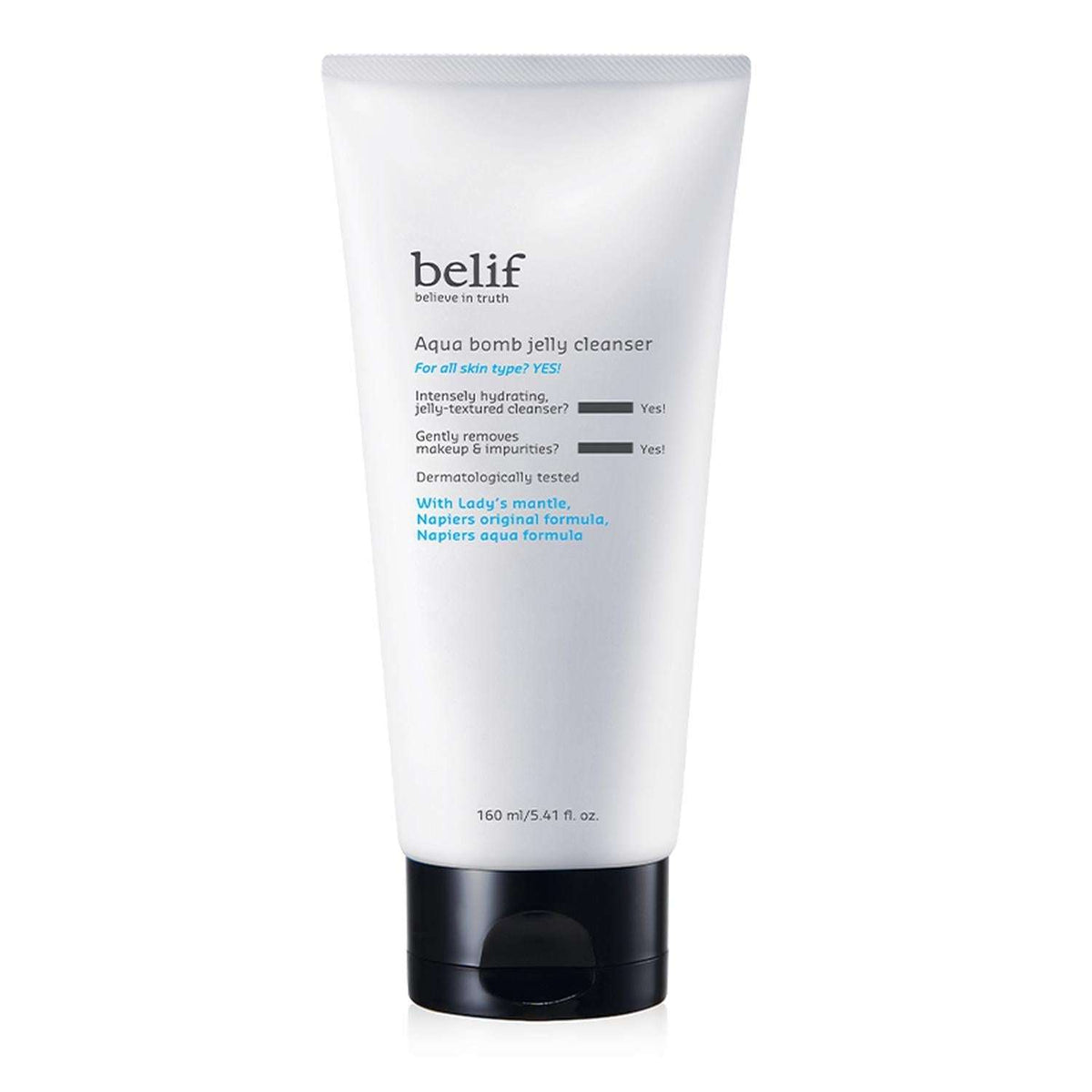 Información visual del gel limpiador facial Belif Aqua Bomb Jelly.