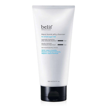 Información visual del gel limpiador facial Belif Aqua Bomb Jelly.